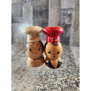 Vintage Salty and Peppy Wooden Salt & Pepper Shakers 5" Chef Hat Made In Japan